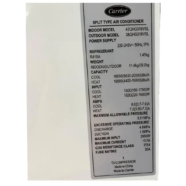 کولر گازی کریر 18000 اینورتر 42QHG018VSL T3